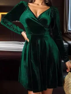 Best Women's Mini Dress Sheath Dress A Line Dress Fit And Flare Dress Party Birthday Formal Wedding Party Wedding Guest Plain Long Sleeve V Neck Black Red Blue Green Spring Fall Winter Autumn Women Casual Dress
