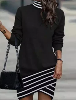 New Women's Mini Dress Sheath Dress Casual Daily Regular Fit Floral Striped Long Sleeve High Neck Black White Yellow Apricot Spring Fall Winter Women Casual Dress