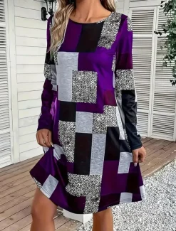 Sale Women's Mini Dress Sheath Dress A Line Dress Fit And Flare Dress Party Casual Boho Party Wedding Guest Daily Regular Fit Graphic Geometric Plaid Long Sleeve Crew Neck Blue Purple Green Gray Spring Women Cocktail Dress