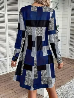 Sale Women's Mini Dress Sheath Dress A Line Dress Fit And Flare Dress Party Casual Boho Party Wedding Guest Daily Regular Fit Graphic Geometric Plaid Long Sleeve Crew Neck Blue Purple Green Gray Spring Women Cocktail Dress