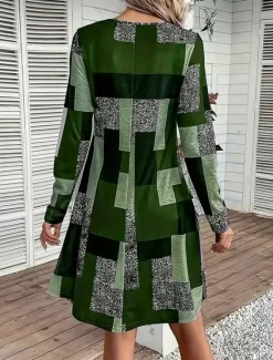 Sale Women's Mini Dress Sheath Dress A Line Dress Fit And Flare Dress Party Casual Boho Party Wedding Guest Daily Regular Fit Graphic Geometric Plaid Long Sleeve Crew Neck Blue Purple Green Gray Spring Women Cocktail Dress