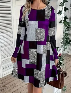 Sale Women's Mini Dress Sheath Dress A Line Dress Fit And Flare Dress Party Casual Boho Party Wedding Guest Daily Regular Fit Graphic Geometric Plaid Long Sleeve Crew Neck Blue Purple Green Gray Spring Women Cocktail Dress