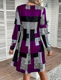 Sale Women's Mini Dress Sheath Dress A Line Dress Fit And Flare Dress Party Casual Boho Party Wedding Guest Daily Regular Fit Graphic Geometric Plaid Long Sleeve Crew Neck Blue Purple Green Gray Spring Women Cocktail Dress