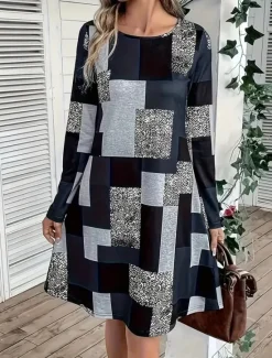 Sale Women's Mini Dress Sheath Dress A Line Dress Fit And Flare Dress Party Casual Boho Party Wedding Guest Daily Regular Fit Graphic Geometric Plaid Long Sleeve Crew Neck Blue Purple Green Gray Spring Women Cocktail Dress