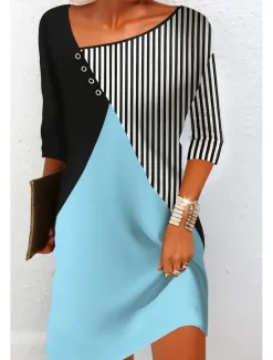 Online Women's Mini Dress Sheath Dress Shift Dress Casual Boho Daily Date Regular Fit Graphic Striped Long Sleeve Notched Neck White Blue Women Casual Dress