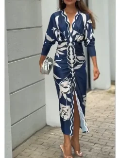 Hot Women's Mini Dress Sheath Dress Vacation Casual Boho Outdoor Going out Beach Slim Floral Graphic Long Sleeve V Neck Blue Orange Summer Spring Women Vacation Dresses