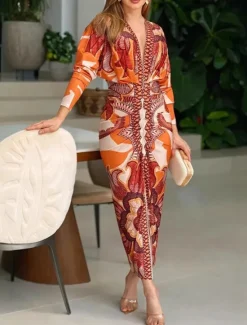 Hot Women's Mini Dress Sheath Dress Vacation Casual Boho Outdoor Going out Beach Slim Floral Graphic Long Sleeve V Neck Blue Orange Summer Spring Women Vacation Dresses