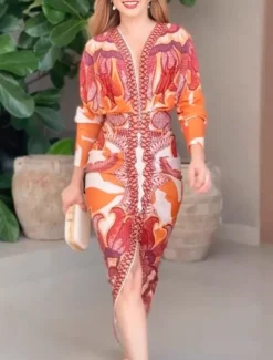 Hot Women's Mini Dress Sheath Dress Vacation Casual Boho Outdoor Going out Beach Slim Floral Graphic Long Sleeve V Neck Blue Orange Summer Spring Women Vacation Dresses