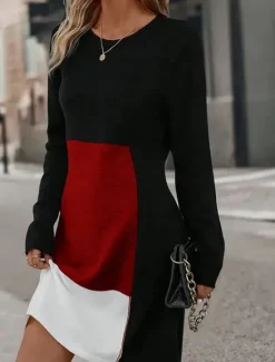 New Women's Mini Dress Sheath Dress Party Casual Semi Formal Party Daily Cocktail Party Regular Fit Graphic Geometric Color Block Long Sleeve Crew Neck Red Blue Gray Spring Fall Winter Autumn Women Casual Dress
