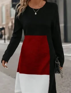 New Women's Mini Dress Sheath Dress Party Casual Semi Formal Party Daily Cocktail Party Regular Fit Graphic Geometric Color Block Long Sleeve Crew Neck Red Blue Gray Spring Fall Winter Autumn Women Casual Dress