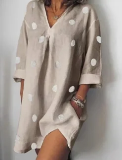 Clearance Women's Mini Dress Shift Dress Casual Outdoor Beach Linen Regular Fit Graphic Polka Dot Long Sleeve V Neck White Pink Blue Gray Summer Women Dresses