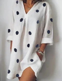 Clearance Women's Mini Dress Shift Dress Casual Outdoor Beach Linen Regular Fit Graphic Polka Dot Long Sleeve V Neck White Pink Blue Gray Summer Women Dresses