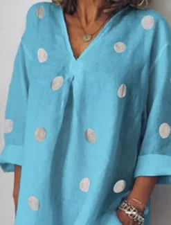 Clearance Women's Mini Dress Shift Dress Casual Outdoor Beach Linen Regular Fit Graphic Polka Dot Long Sleeve V Neck White Pink Blue Gray Summer Women Dresses