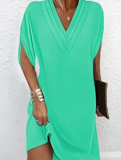 Discount Women's Mini Dress Shift Dress Work Dresses Basic Casual Batwing Sleeve Work Daily Regular Fit Plain Short Sleeve V Neck Pink Orange Green Army Green Summer Spring Women T Shirt Dresses