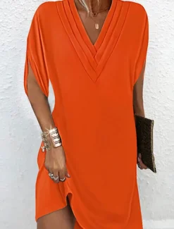 Discount Women's Mini Dress Shift Dress Work Dresses Basic Casual Batwing Sleeve Work Daily Regular Fit Plain Short Sleeve V Neck Pink Orange Green Army Green Summer Spring Women T Shirt Dresses