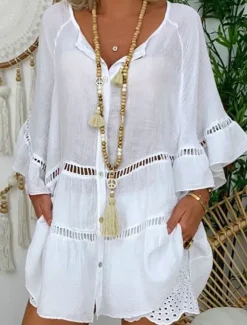 Sale Women's Mini Dress Shift Dress Ruffle Dress Puff Sleeve Dress Linen Casual Daily Holiday Regular Fit Graphic 3/4 Length Sleeve V Neck White Yellow Red Brown Summer Women Dresses|Casual Dress