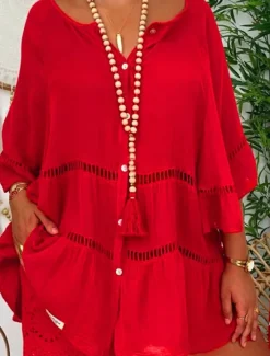 Sale Women's Mini Dress Shift Dress Ruffle Dress Puff Sleeve Dress Linen Casual Daily Holiday Regular Fit Graphic 3/4 Length Sleeve V Neck White Yellow Red Brown Summer Women Dresses|Casual Dress