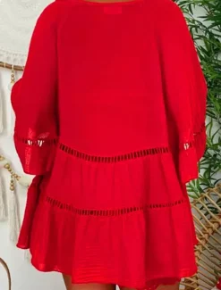 Sale Women's Mini Dress Shift Dress Ruffle Dress Puff Sleeve Dress Linen Casual Daily Holiday Regular Fit Graphic 3/4 Length Sleeve V Neck White Yellow Red Brown Summer Women Dresses|Casual Dress