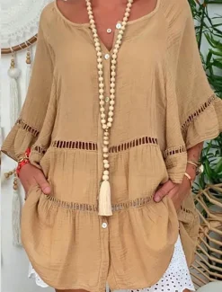 Sale Women's Mini Dress Shift Dress Ruffle Dress Puff Sleeve Dress Linen Casual Daily Holiday Regular Fit Graphic 3/4 Length Sleeve V Neck White Yellow Red Brown Summer Women Dresses|Casual Dress