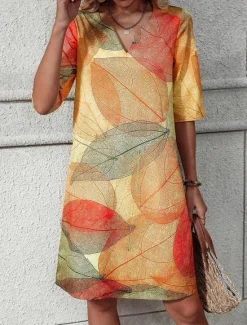 Hot Women's Mini Dress Shift Dress Summer Dress Formal Daily Regular Fit Graphic Leaf 3/4 Length Sleeve V Neck Summer Spring Women Casual Dress