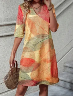 Hot Women's Mini Dress Shift Dress Summer Dress Formal Daily Regular Fit Graphic Leaf 3/4 Length Sleeve V Neck Summer Spring Women Casual Dress