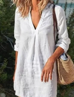 Clearance Women's Mini Dress Shift Dress Linen Casual Daily Regular Fit Graphic Long Sleeve V Neck Black White Wine Gray Summer Women Dresses|Casual Dress