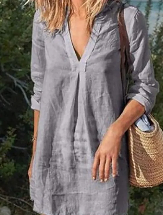 Clearance Women's Mini Dress Shift Dress Linen Casual Daily Regular Fit Graphic Long Sleeve V Neck Black White Wine Gray Summer Women Dresses|Casual Dress