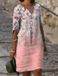 Best Women's Mini Dress Shift Dress Casual Daily Loose Fit Floral Graphic Short Sleeve Notched Neck Pink Blue Green Summer Spring Women Casual Dress