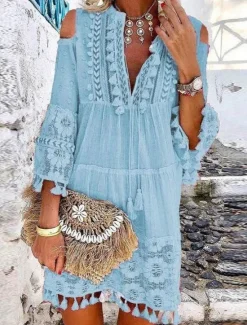 Best Women's Mini Dress Shift Dress Boho Dress Vacation Vintage Casual Outdoor Vacation Daily Loose Fit Pure Color 3/4 Length Sleeve V Neck White Pink Blue Purple Summer Spring Women White Dresses