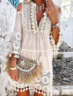 Best Women's Mini Dress Shift Dress Boho Dress Vacation Vintage Casual Outdoor Vacation Daily Loose Fit Pure Color 3/4 Length Sleeve V Neck White Pink Blue Purple Summer Spring Women White Dresses