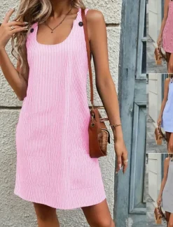 New Women's Mini Dress Shift Dress Slip Dress Casual Outdoor Going out Regular Fit Stripe Sleeveless U Neck Black Pink Red Blue Summer Women Vacation Dresses