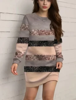 Discount Women's Mini Dress Shift Dress Vacation Casual Daily Sports Holiday Regular Fit Geometric Color Block Long Sleeve Crew Neck Pink Purple Fall Winter Women Casual Dress