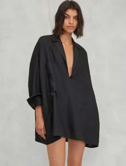 Online Women's Mini Dress Shift Dress Vacation Casual Beach Daily Holiday Date Plain Long Sleeve Notched Neck Black White Women Casual Dress