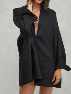 Online Women's Mini Dress Shift Dress Vacation Casual Beach Daily Holiday Date Plain Long Sleeve Notched Neck Black White Women Casual Dress