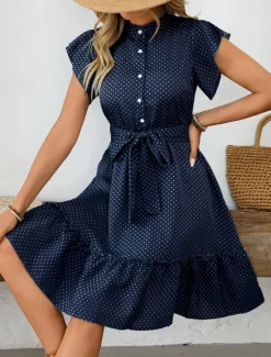 Women's Mini Dress Shirt Dress Casual Dress A Line Dress Stylish Casual Vacation Daily Regular Fit Polka Dot Short Sleeve V Neck Magenta Pink Navy Blue Blue Summer Women Work Dresses