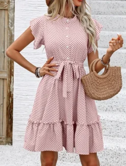 Women's Mini Dress Shirt Dress Casual Dress A Line Dress Stylish Casual Vacation Daily Regular Fit Polka Dot Short Sleeve V Neck Magenta Pink Navy Blue Blue Summer Women Work Dresses