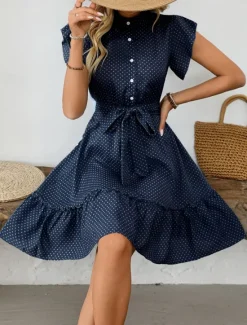 Women's Mini Dress Shirt Dress Casual Dress A Line Dress Stylish Casual Vacation Daily Regular Fit Polka Dot Short Sleeve V Neck Magenta Pink Navy Blue Blue Summer Women Work Dresses