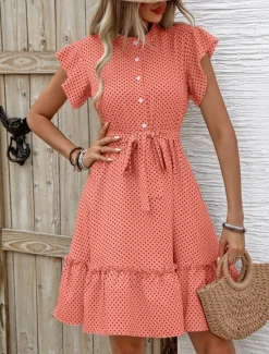 Women's Mini Dress Shirt Dress Casual Dress A Line Dress Stylish Casual Vacation Daily Regular Fit Polka Dot Short Sleeve V Neck Magenta Pink Navy Blue Blue Summer Women Work Dresses