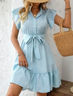 Women's Mini Dress Shirt Dress Casual Dress A Line Dress Stylish Casual Vacation Daily Regular Fit Polka Dot Short Sleeve V Neck Magenta Pink Navy Blue Blue Summer Women Work Dresses