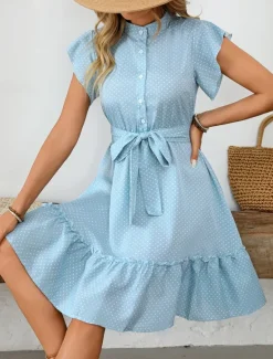Women's Mini Dress Shirt Dress Casual Dress A Line Dress Stylish Casual Vacation Daily Regular Fit Polka Dot Short Sleeve V Neck Magenta Pink Navy Blue Blue Summer Women Work Dresses