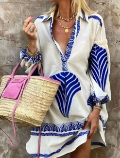 Hot Women's Mini Dress Shirt Dress Casual Dress Casual Daily Regular Fit Geometric Long Sleeve Shirt Collar Black Blue Green Summer Spring Fall Women Floral Dresses