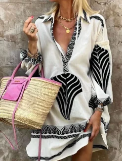 Hot Women's Mini Dress Shirt Dress Casual Dress Casual Daily Regular Fit Geometric Long Sleeve Shirt Collar Black Blue Green Summer Spring Fall Women Floral Dresses