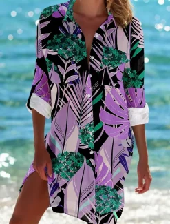 Hot Women's Mini Dress Shirt Dress Hawaiian Shirts Flowy Vacation Beach Floral Buttons Print Long Sleeve Long Shirt Collar Casual Holiday Beach Purple Green Summer Holiday Clothes Beach Wear Women Spring Tops