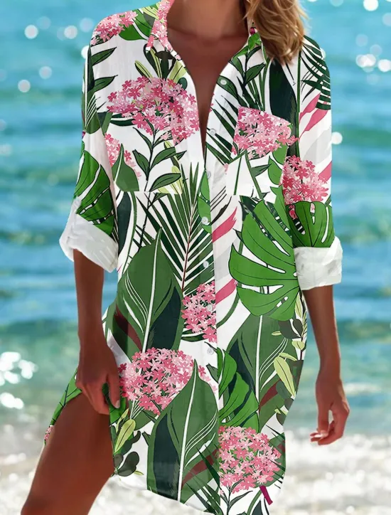 Hot Women's Mini Dress Shirt Dress Hawaiian Shirts Flowy Vacation Beach Floral Buttons Print Long Sleeve Long Shirt Collar Casual Holiday Beach Purple Green Summer Holiday Clothes Beach Wear Women Spring Tops