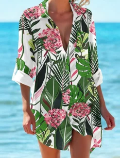 Hot Women's Mini Dress Shirt Dress Hawaiian Shirts Flowy Vacation Beach Floral Buttons Print Long Sleeve Long Shirt Collar Casual Holiday Beach Purple Green Summer Holiday Clothes Beach Wear Women Spring Tops