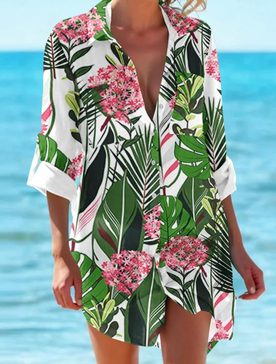 Hot Women's Mini Dress Shirt Dress Hawaiian Shirts Flowy Vacation Beach Floral Buttons Print Long Sleeve Long Shirt Collar Casual Holiday Beach Purple Green Summer Holiday Clothes Beach Wear Women Spring Tops