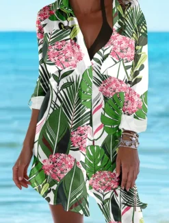 Hot Women's Mini Dress Shirt Dress Hawaiian Shirts Flowy Vacation Beach Floral Buttons Print Long Sleeve Long Shirt Collar Casual Holiday Beach Purple Green Summer Holiday Clothes Beach Wear Women Spring Tops