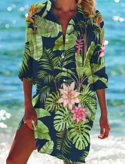 Hot Women's Mini Dress Shirt Dress Hawaiian Shirts Flowy Blue Green Animal Floral Pocket Print Long Sleeve Holiday Casual V Neck Long Summer Holiday Clothes Beach Wear Women Spring Tops