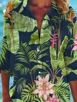 Hot Women's Mini Dress Shirt Dress Hawaiian Shirts Flowy Blue Green Animal Floral Pocket Print Long Sleeve Holiday Casual V Neck Long Summer Holiday Clothes Beach Wear Women Spring Tops