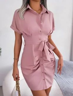 New Women's Mini Dress Shirt Dress Casual Dress Summer Dress Stylish Casual Vacation Daily Date Regular Fit Plain Short Sleeve Lapel Pink Red Blue Summer Spring Women Work Dresses